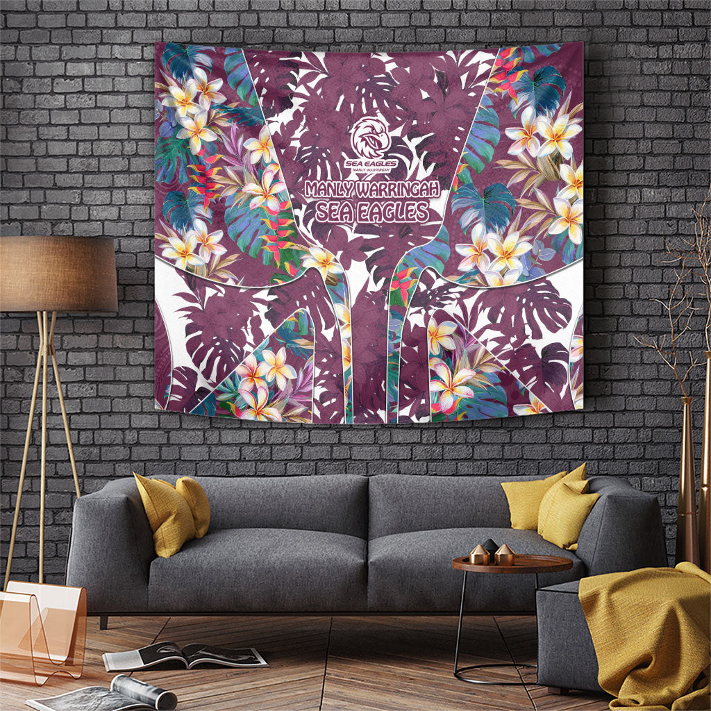 Manly Warringah Sea Eagles Tapestry Tropical Hibiscus Floral Pattern With Maroon And White Accents