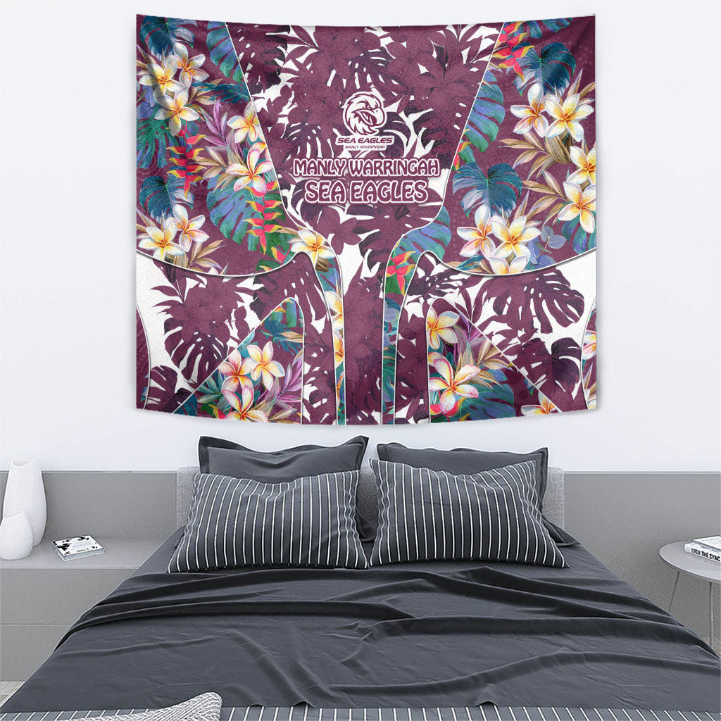 Manly Warringah Sea Eagles Tapestry Tropical Hibiscus Floral Pattern With Maroon And White Accents