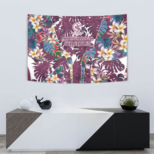 Manly Warringah Sea Eagles Tapestry Tropical Hibiscus Floral Pattern With Maroon And White Accents