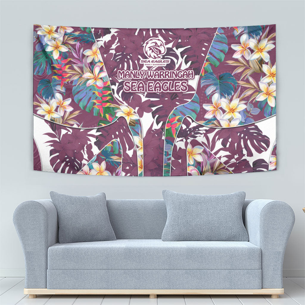 Manly Warringah Sea Eagles Tapestry Tropical Hibiscus Floral Pattern With Maroon And White Accents
