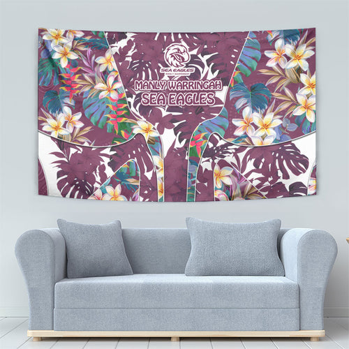 Manly Warringah Sea Eagles Tapestry Tropical Hibiscus Floral Pattern With Maroon And White Accents