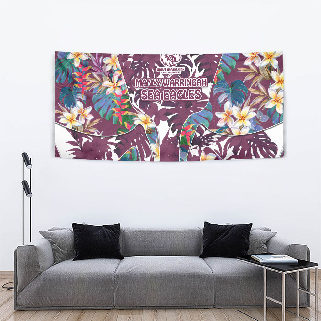 Manly Warringah Sea Eagles Tapestry Tropical Hibiscus Floral Pattern With Maroon And White Accents
