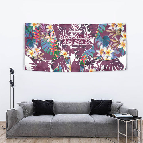 Manly Warringah Sea Eagles Tapestry Tropical Hibiscus Floral Pattern With Maroon And White Accents