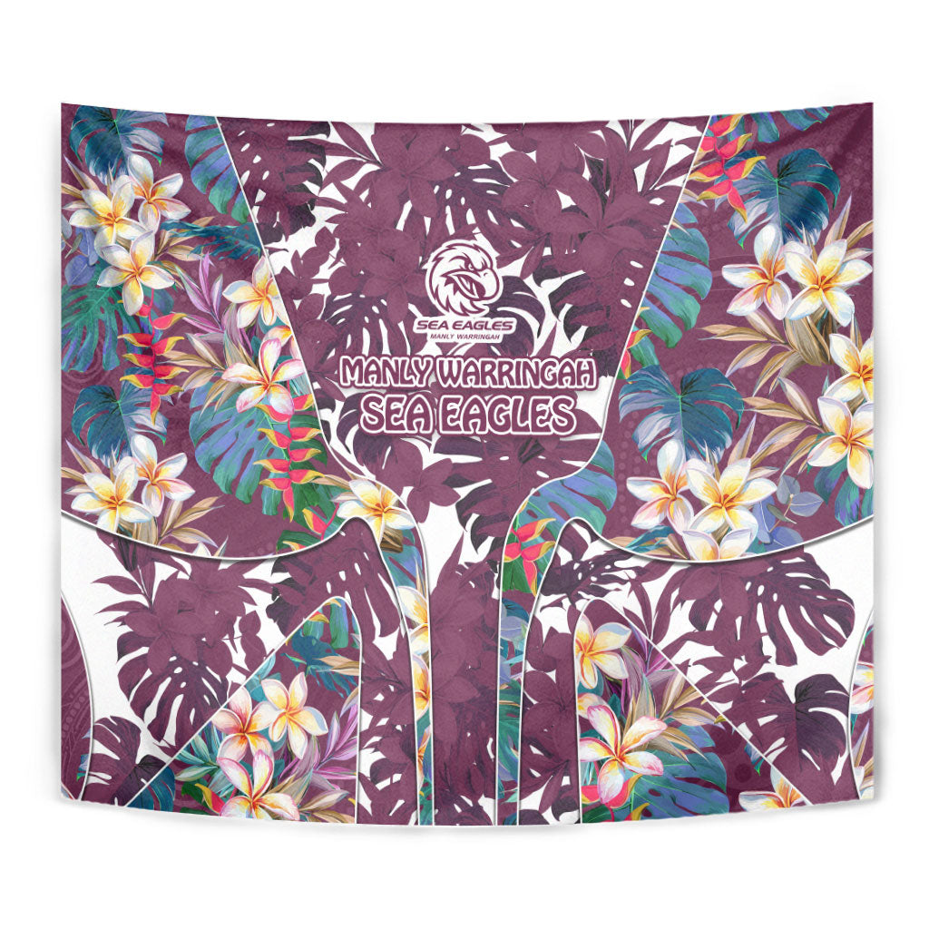 Manly Warringah Sea Eagles Tapestry Tropical Hibiscus Floral Pattern With Maroon And White Accents