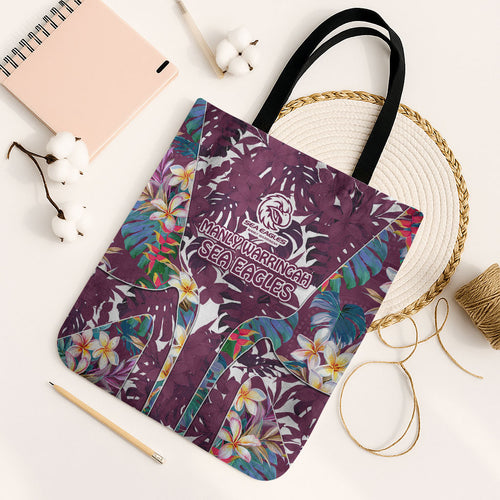 Manly Warringah Sea Eagles Tote Bag Tropical Hibiscus Floral Pattern With Maroon And White Accents