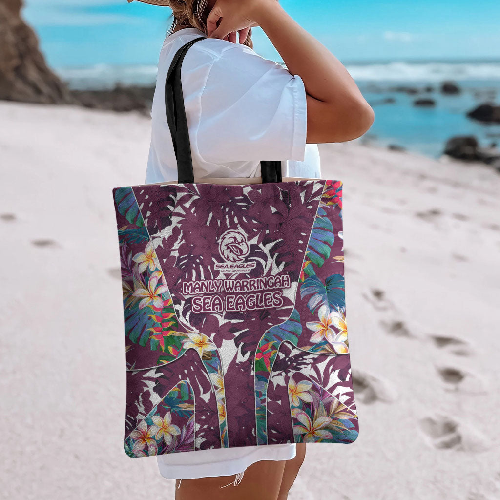 Manly Warringah Sea Eagles Tote Bag Tropical Hibiscus Floral Pattern With Maroon And White Accents
