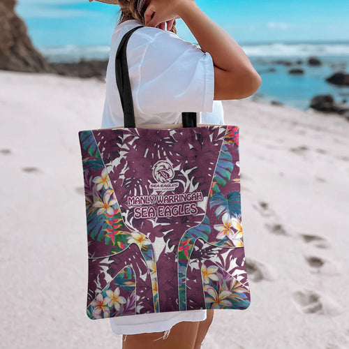 Manly Warringah Sea Eagles Tote Bag Tropical Hibiscus Floral Pattern With Maroon And White Accents