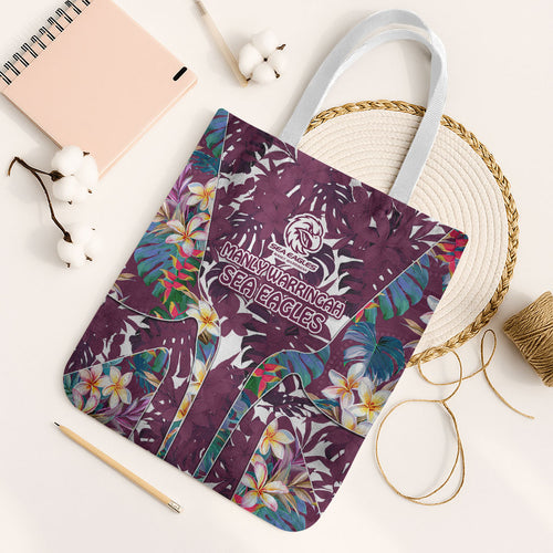Manly Warringah Sea Eagles Tote Bag Tropical Hibiscus Floral Pattern With Maroon And White Accents