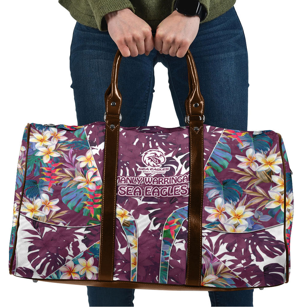 Manly Warringah Sea Eagles Travel Bag Tropical Hibiscus Floral Pattern With Maroon And White Accents
