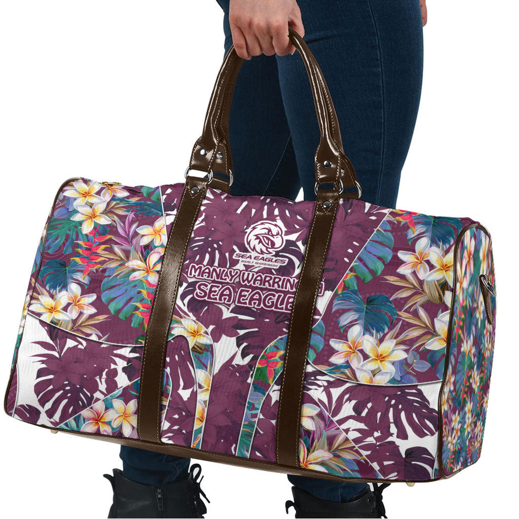 Manly Warringah Sea Eagles Travel Bag Tropical Hibiscus Floral Pattern With Maroon And White Accents