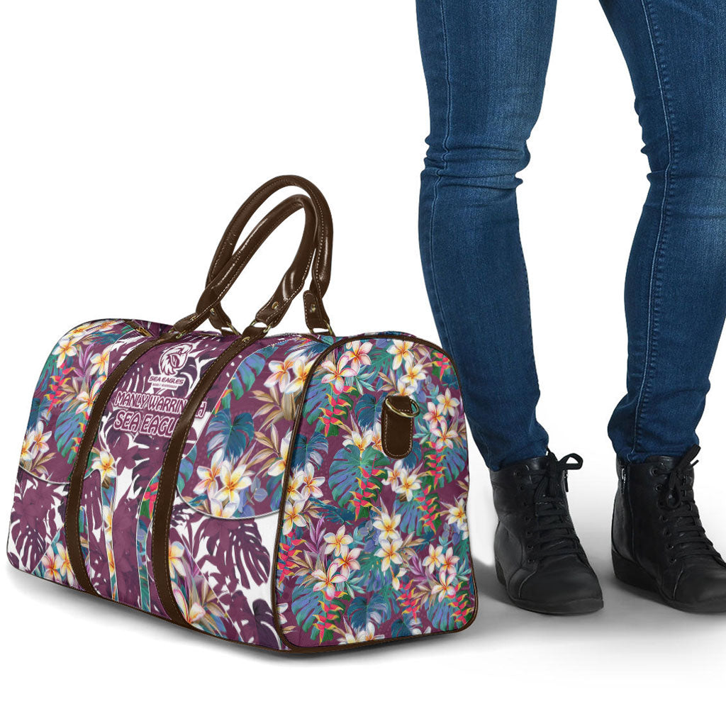 Manly Warringah Sea Eagles Travel Bag Tropical Hibiscus Floral Pattern With Maroon And White Accents