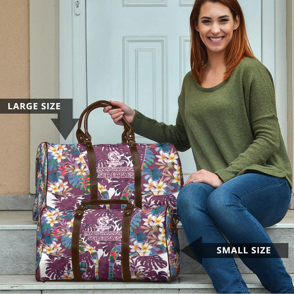 Manly Warringah Sea Eagles Travel Bag Tropical Hibiscus Floral Pattern With Maroon And White Accents