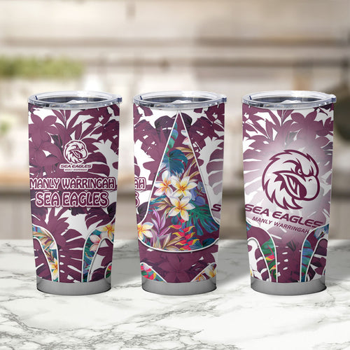 Manly Warringah Sea Eagles Tumbler Cup Tropical Hibiscus Floral Pattern With Maroon And White Accents