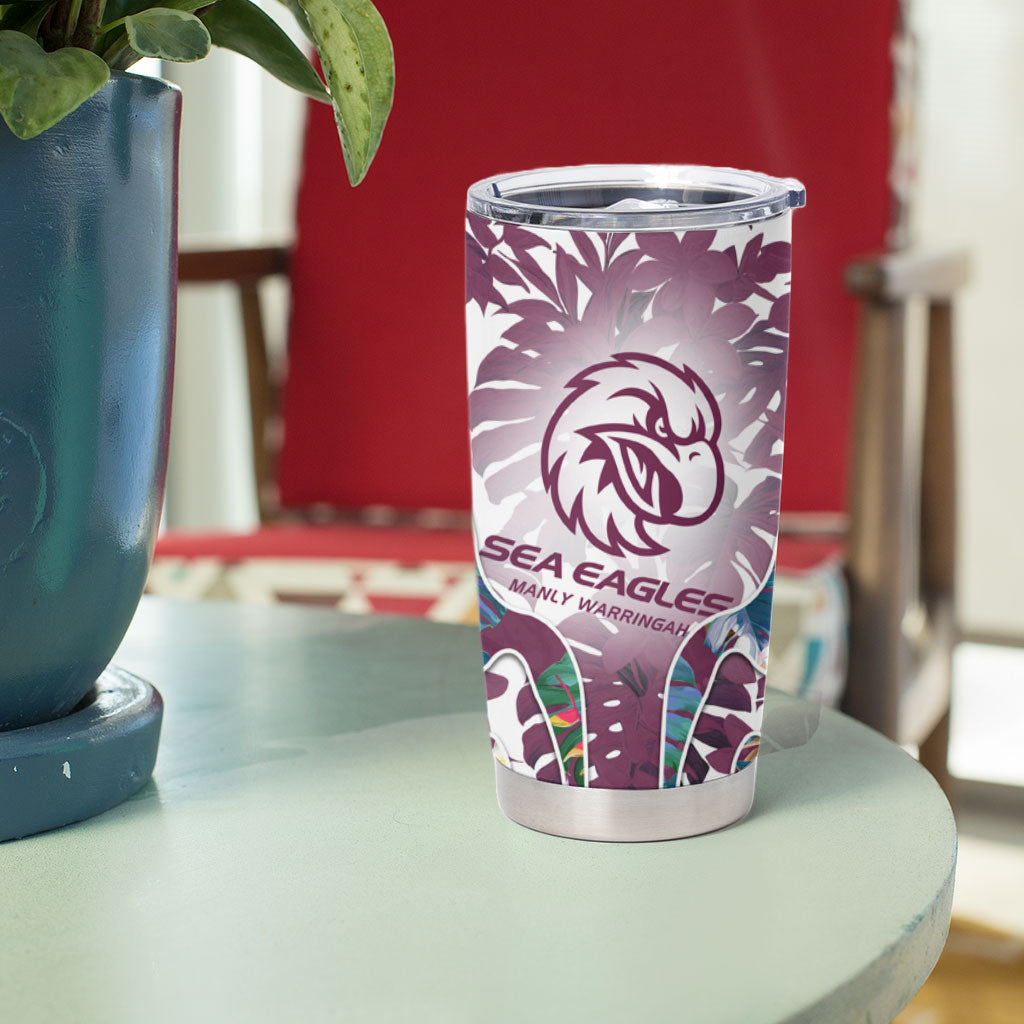 Manly Warringah Sea Eagles Tumbler Cup Tropical Hibiscus Floral Pattern With Maroon And White Accents