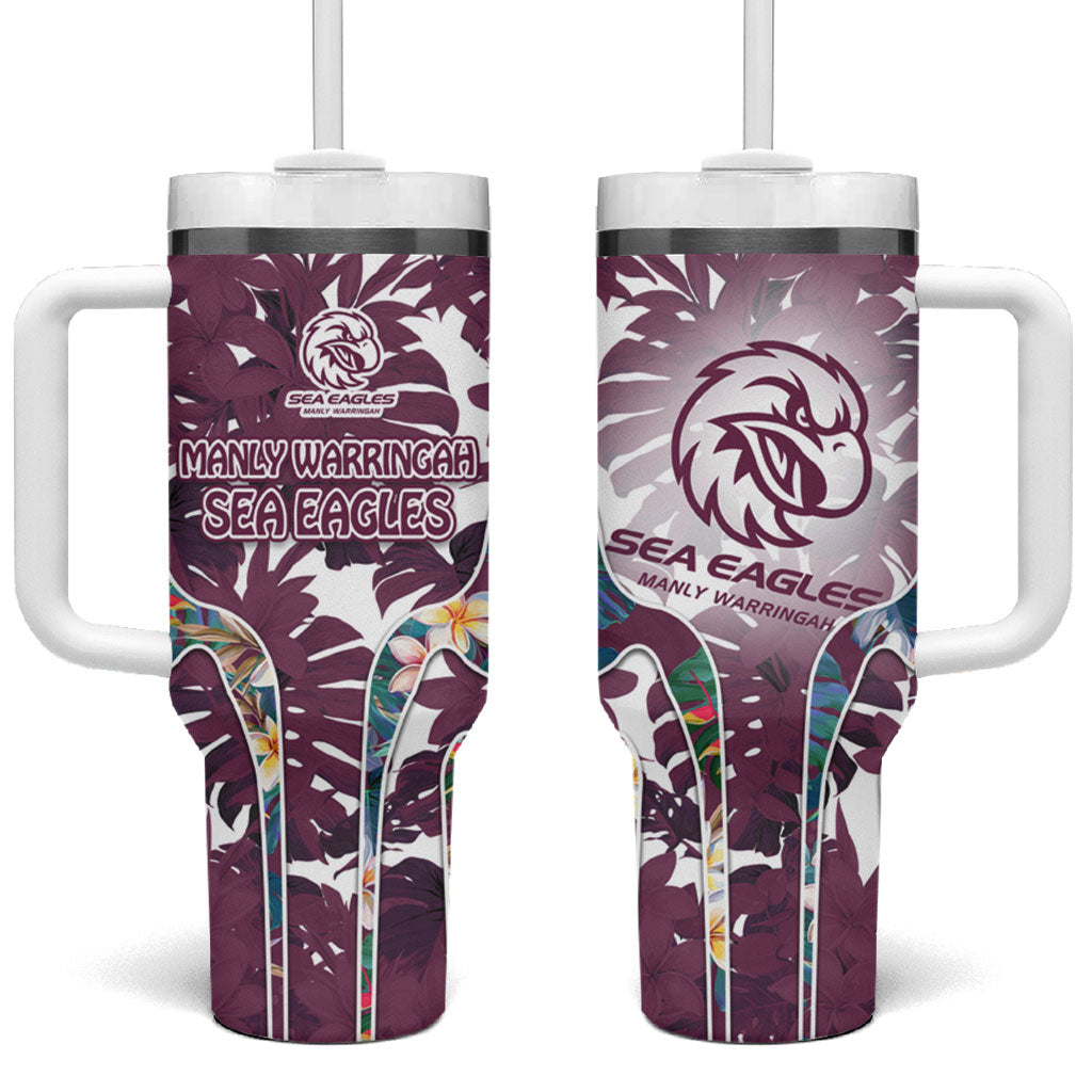 Manly Warringah Sea Eagles Tumbler With Handle Tropical Hibiscus Floral Pattern With Maroon And White Accents