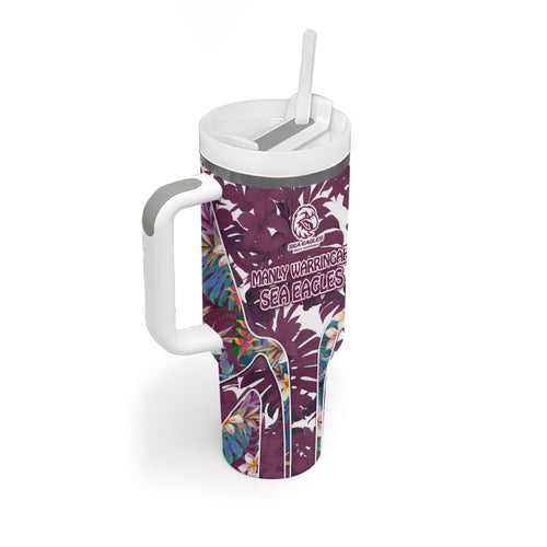 Manly Warringah Sea Eagles Tumbler With Handle Tropical Hibiscus Floral Pattern With Maroon And White Accents