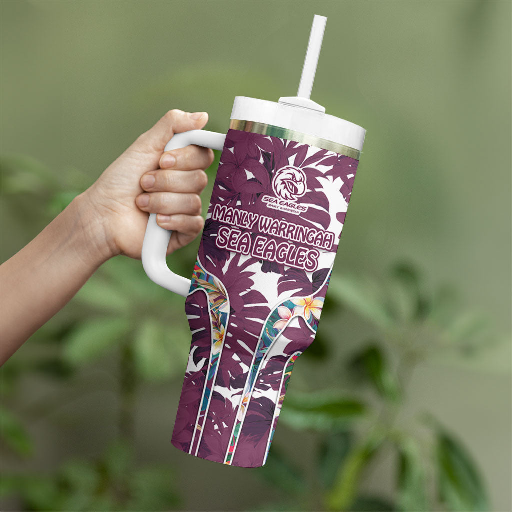 Manly Warringah Sea Eagles Tumbler With Handle Tropical Hibiscus Floral Pattern With Maroon And White Accents
