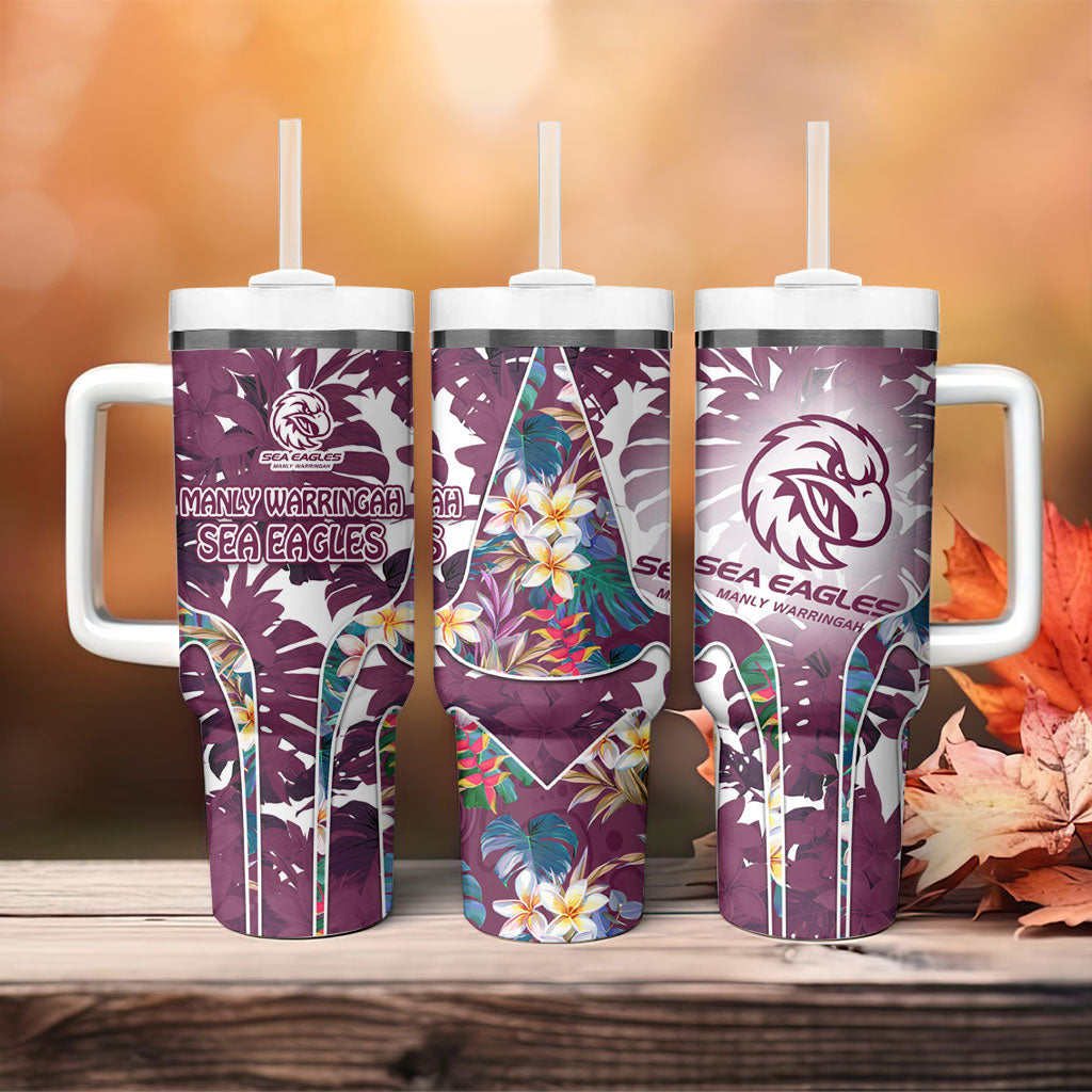 Manly Warringah Sea Eagles Tumbler With Handle Tropical Hibiscus Floral Pattern With Maroon And White Accents