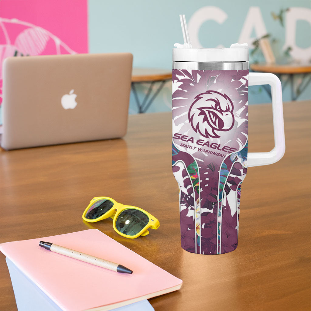 Manly Warringah Sea Eagles Tumbler With Handle Tropical Hibiscus Floral Pattern With Maroon And White Accents