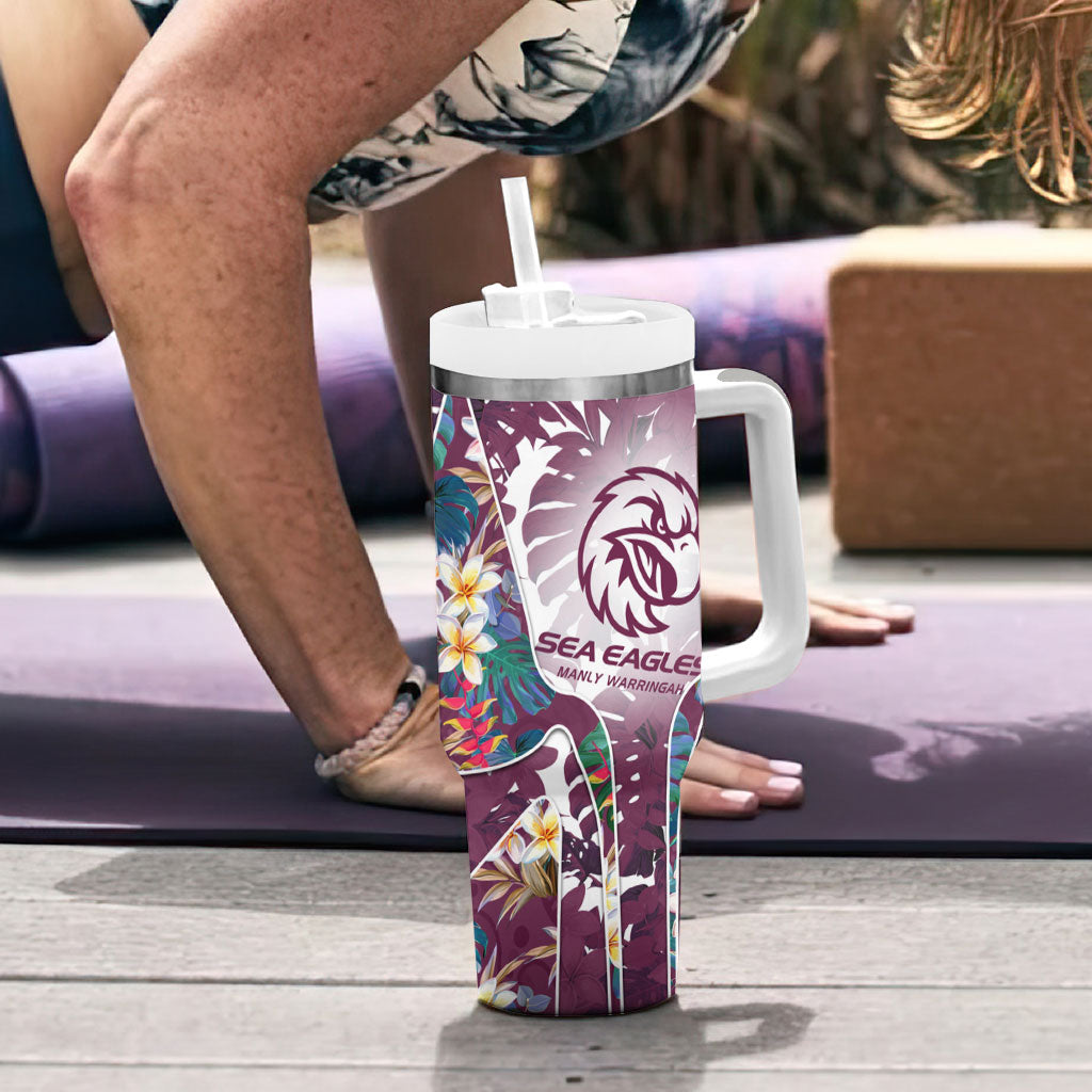 Manly Warringah Sea Eagles Tumbler With Handle Tropical Hibiscus Floral Pattern With Maroon And White Accents