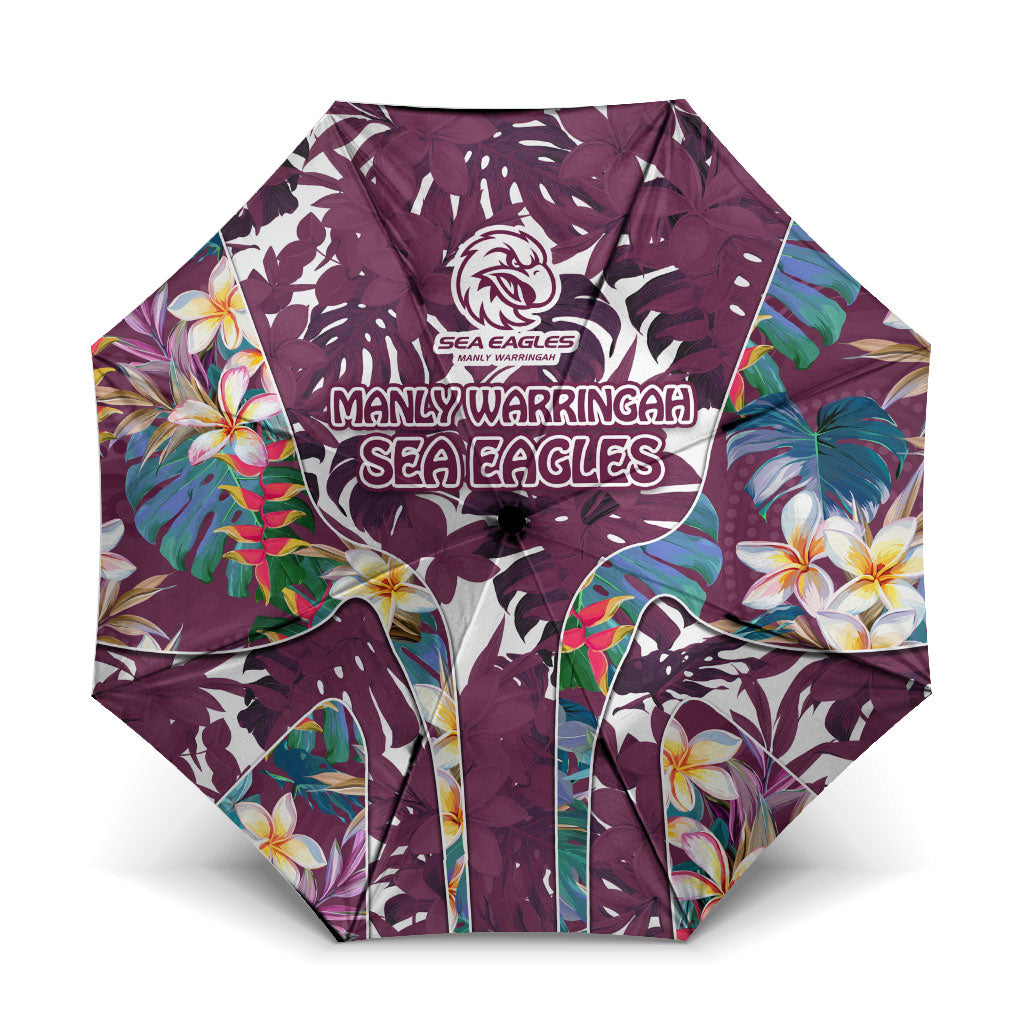 Manly Warringah Sea Eagles Umbrella Tropical Hibiscus Floral Pattern With Maroon And White Accents