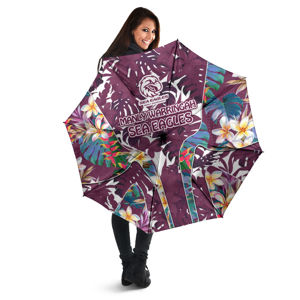 Manly Warringah Sea Eagles Umbrella Tropical Hibiscus Floral Pattern With Maroon And White Accents