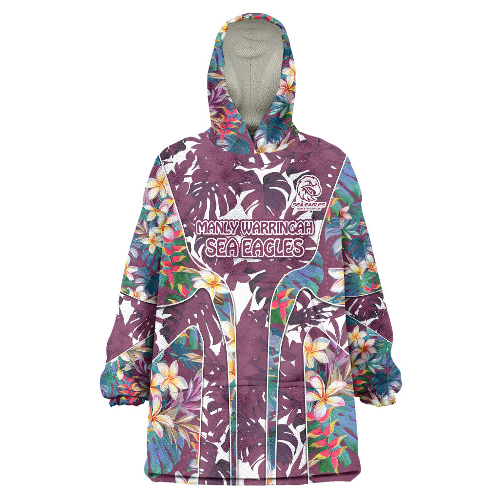 Manly Warringah Sea Eagles Wearable Blanket Hoodie Tropical Hibiscus Floral Pattern With Maroon And White Accents