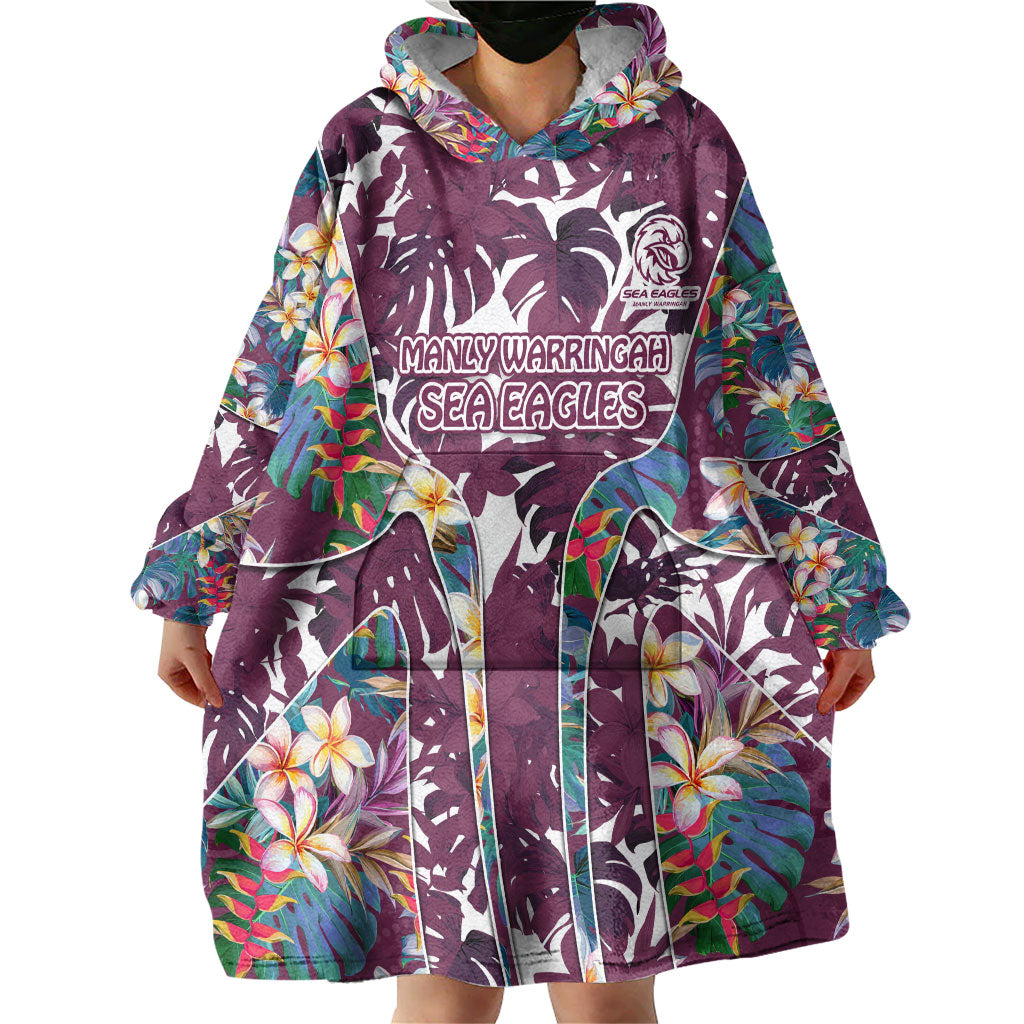 Manly Warringah Sea Eagles Wearable Blanket Hoodie Tropical Hibiscus Floral Pattern With Maroon And White Accents