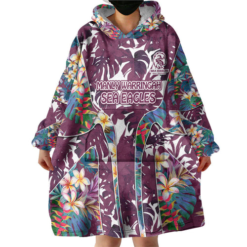 Manly Warringah Sea Eagles Wearable Blanket Hoodie Tropical Hibiscus Floral Pattern With Maroon And White Accents