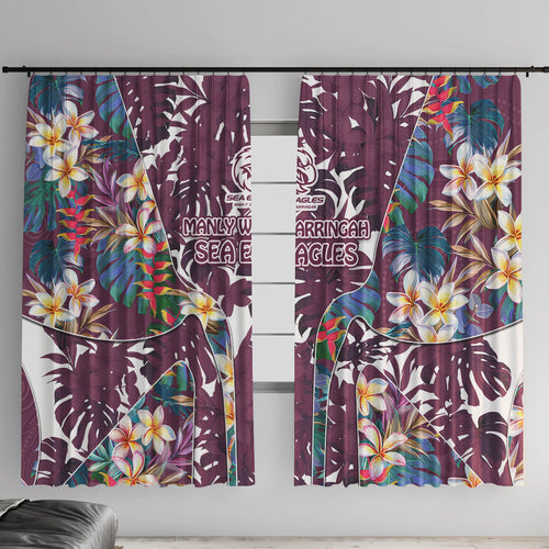 Manly Warringah Sea Eagles Window Curtain Tropical Hibiscus Floral Pattern With Maroon And White Accents
