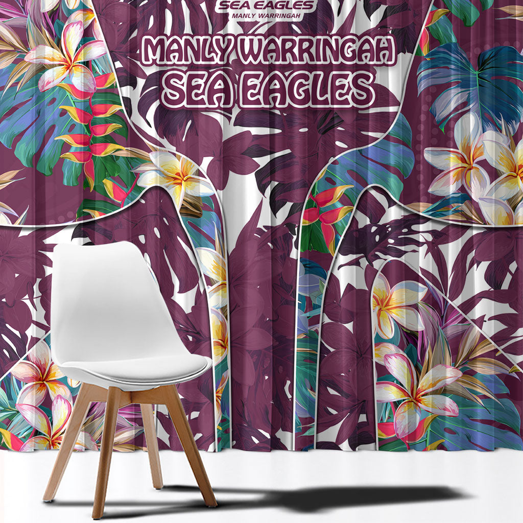 Manly Warringah Sea Eagles Window Curtain Tropical Hibiscus Floral Pattern With Maroon And White Accents
