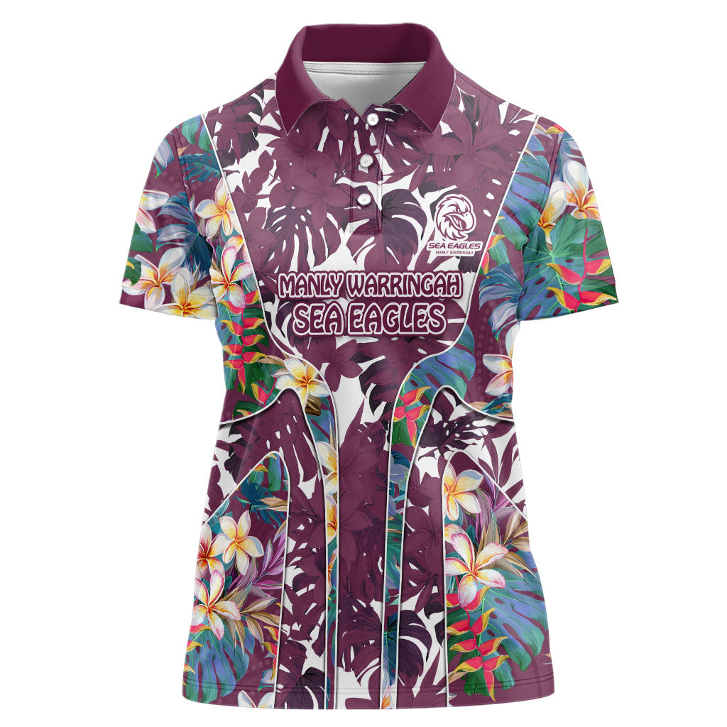 Manly Warringah Sea Eagles Women Polo Shirt Tropical Hibiscus Floral Pattern With Maroon And White Accents