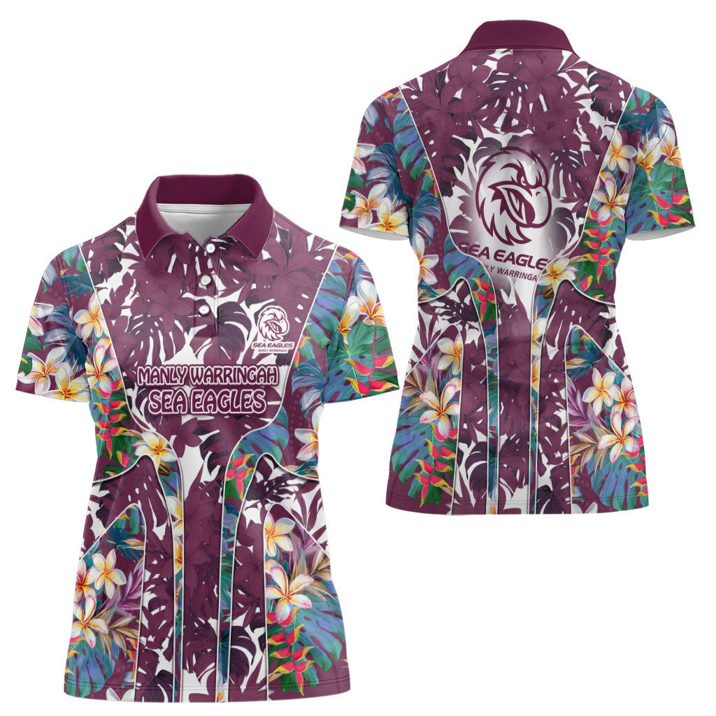 Manly Warringah Sea Eagles Women Polo Shirt Tropical Hibiscus Floral Pattern With Maroon And White Accents