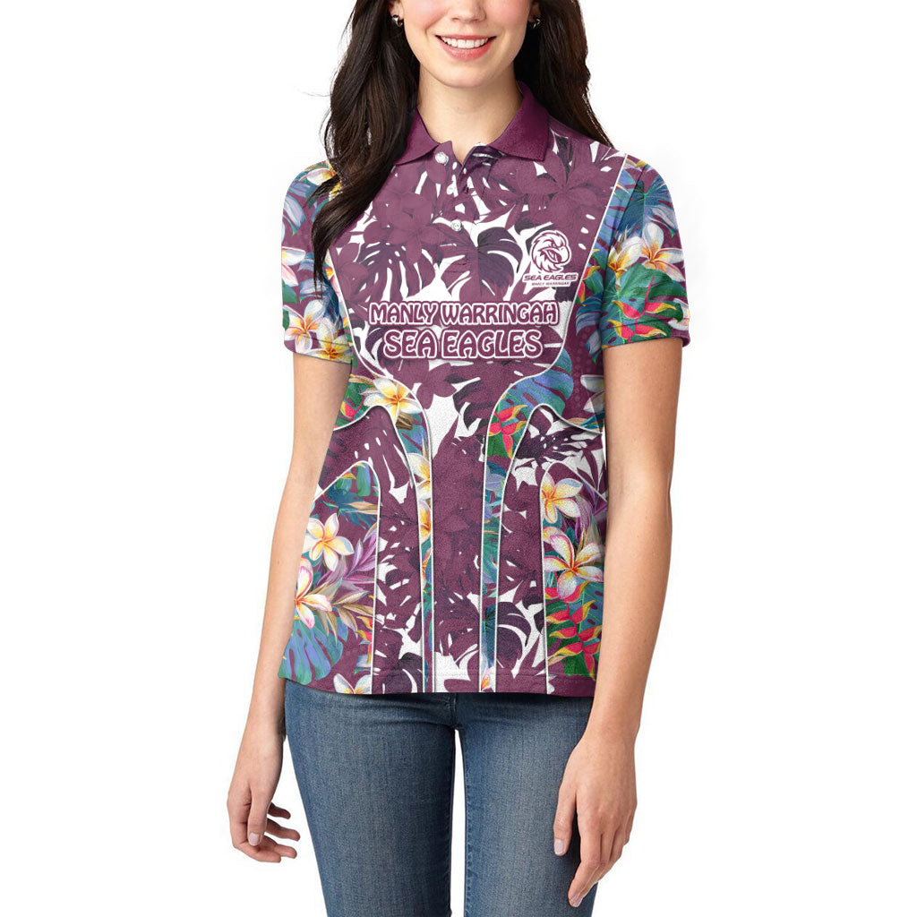 Manly Warringah Sea Eagles Women Polo Shirt Tropical Hibiscus Floral Pattern With Maroon And White Accents