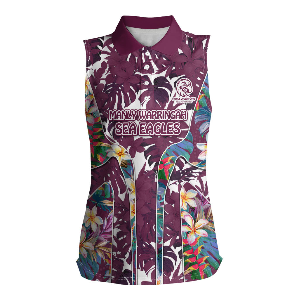 Manly Warringah Sea Eagles Women Sleeveless Polo Shirt Tropical Hibiscus Floral Pattern With Maroon And White Accents