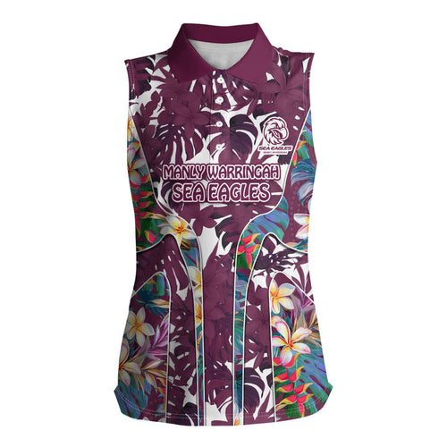 Manly Warringah Sea Eagles Women Sleeveless Polo Shirt Tropical Hibiscus Floral Pattern With Maroon And White Accents