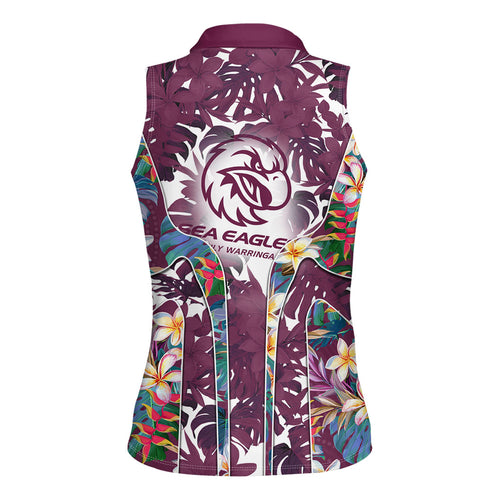 Manly Warringah Sea Eagles Women Sleeveless Polo Shirt Tropical Hibiscus Floral Pattern With Maroon And White Accents