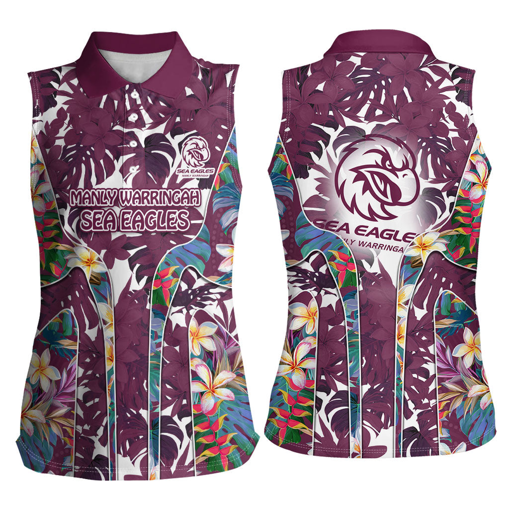 Manly Warringah Sea Eagles Women Sleeveless Polo Shirt Tropical Hibiscus Floral Pattern With Maroon And White Accents