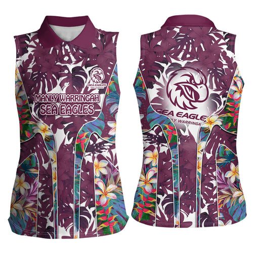Manly Warringah Sea Eagles Women Sleeveless Polo Shirt Tropical Hibiscus Floral Pattern With Maroon And White Accents