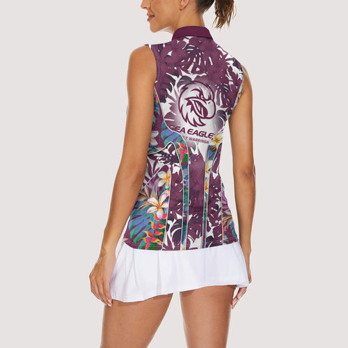 Manly Warringah Sea Eagles Women Sleeveless Polo Shirt Tropical Hibiscus Floral Pattern With Maroon And White Accents