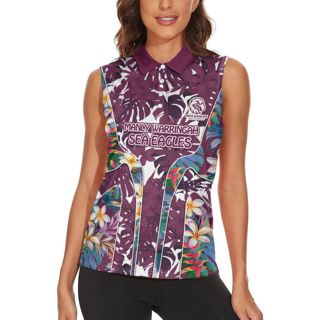 Manly Warringah Sea Eagles Women Sleeveless Polo Shirt Tropical Hibiscus Floral Pattern With Maroon And White Accents