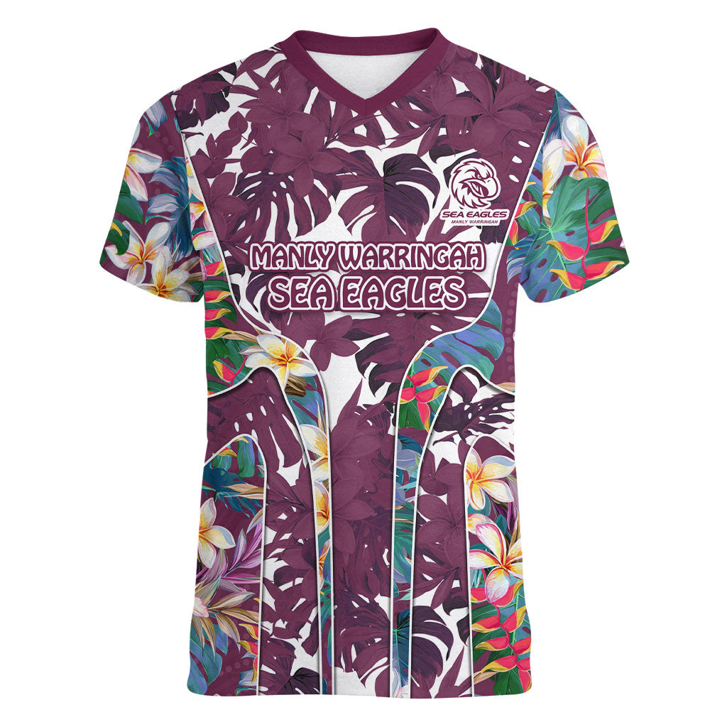 Manly Warringah Sea Eagles Women V-Neck T-Shirt Tropical Hibiscus Floral Pattern With Maroon And White Accents