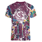 Manly Warringah Sea Eagles Women V-Neck T-Shirt Tropical Hibiscus Floral Pattern With Maroon And White Accents