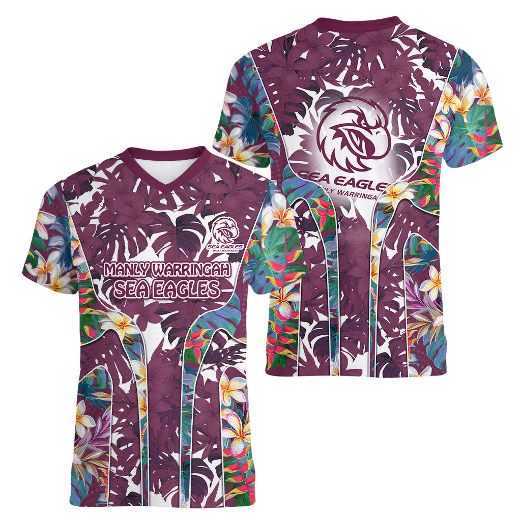 Manly Warringah Sea Eagles Women V-Neck T-Shirt Tropical Hibiscus Floral Pattern With Maroon And White Accents