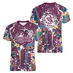 Manly Warringah Sea Eagles Women V-Neck T-Shirt Tropical Hibiscus Floral Pattern With Maroon And White Accents
