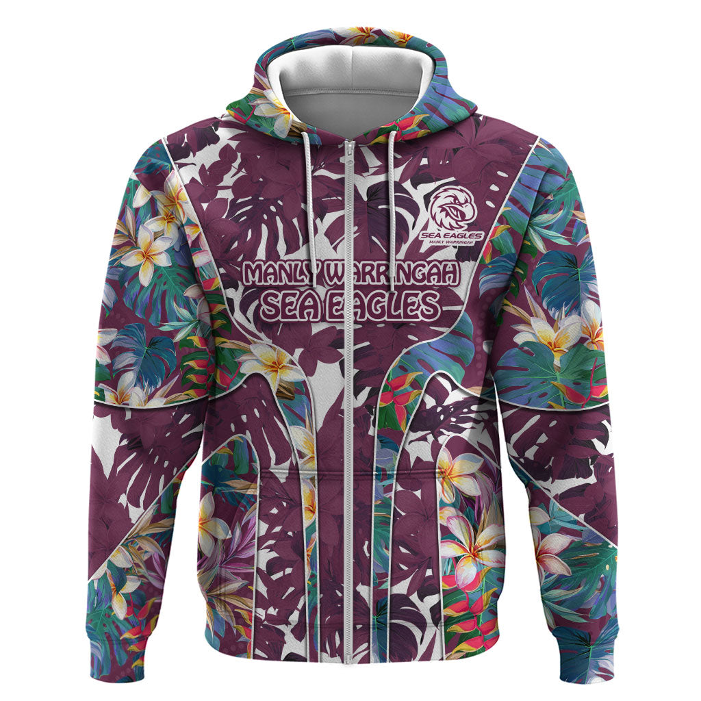 Manly Warringah Sea Eagles Zip Hoodie Tropical Hibiscus Floral Pattern With Maroon And White Accents