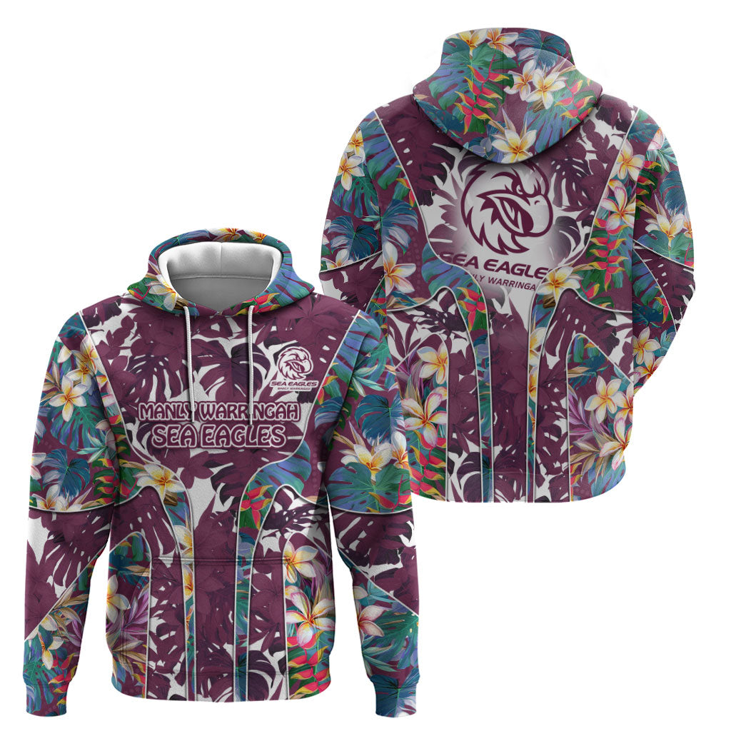 Manly Warringah Sea Eagles Zip Hoodie Tropical Hibiscus Floral Pattern With Maroon And White Accents