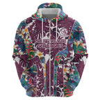 Manly Warringah Sea Eagles Zip Hoodie Tropical Hibiscus Floral Pattern With Maroon And White Accents