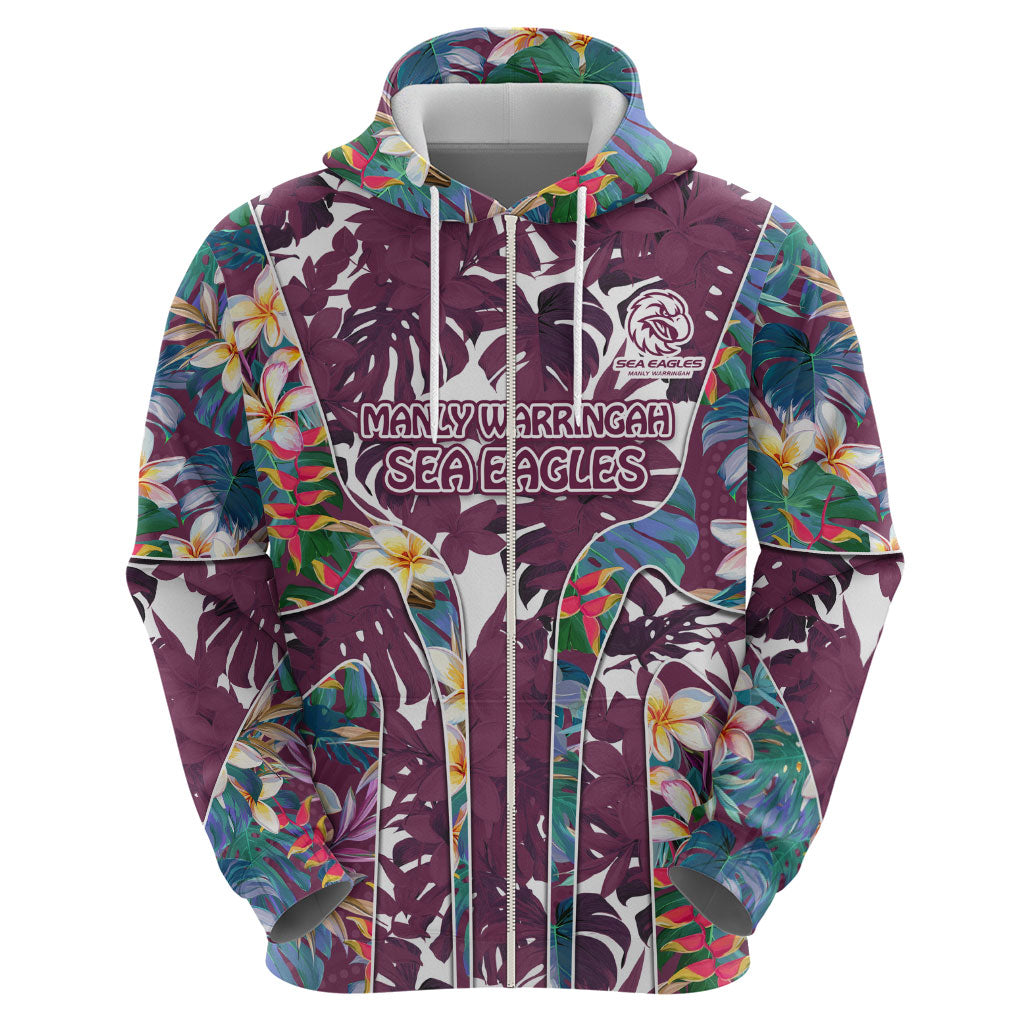 Manly Warringah Sea Eagles Zip Hoodie Tropical Hibiscus Floral Pattern With Maroon And White Accents