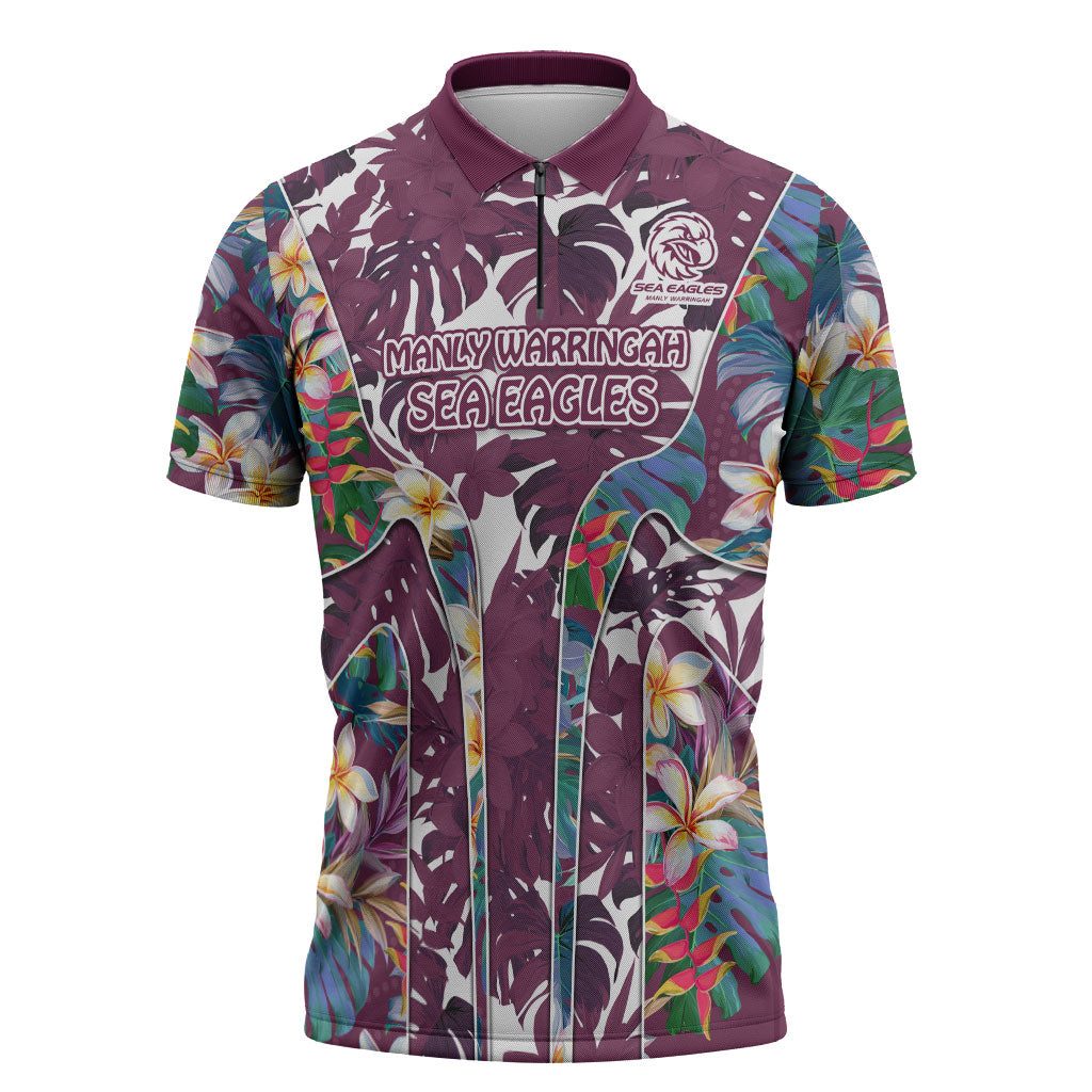 Manly Warringah Sea Eagles Zipper Polo Shirt Tropical Hibiscus Floral Pattern With Maroon And White Accents